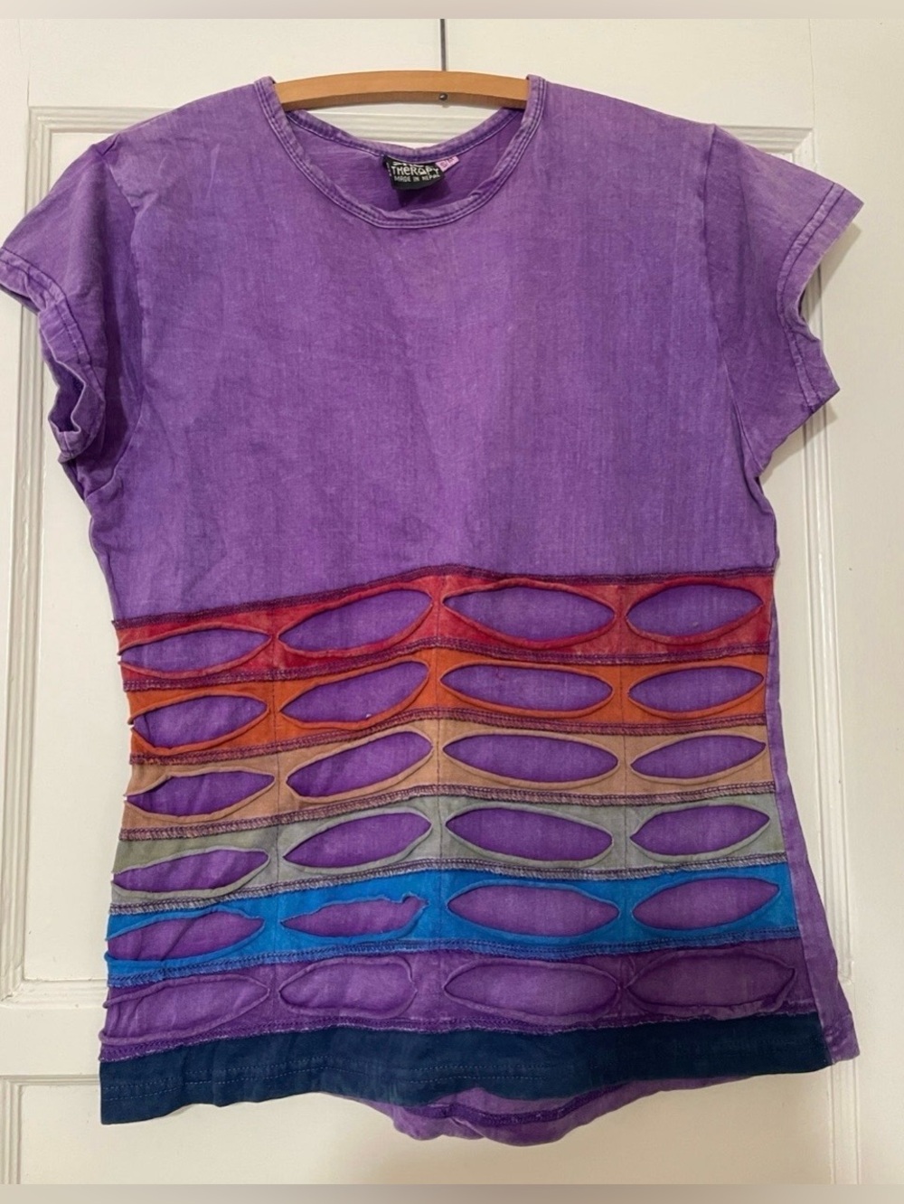Color Therapy Purple Short-Sleeve Crewneck Top Rainbow Cutouts Colorful Boho